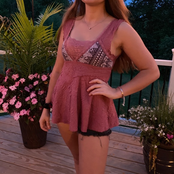 Free People Tops - Free People Pink Lace Babydoll Tank Top